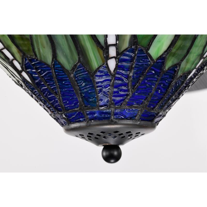 Penana 52-Inch Flushmount Lighted Ceiling Fan Green Blue Dragonfly Tiffany Glass Lamp Black Finish