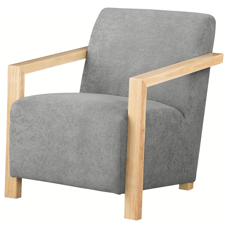 Ellon Accent Armchair, Soft Light Gray Cushioned, Natural Brown Wood