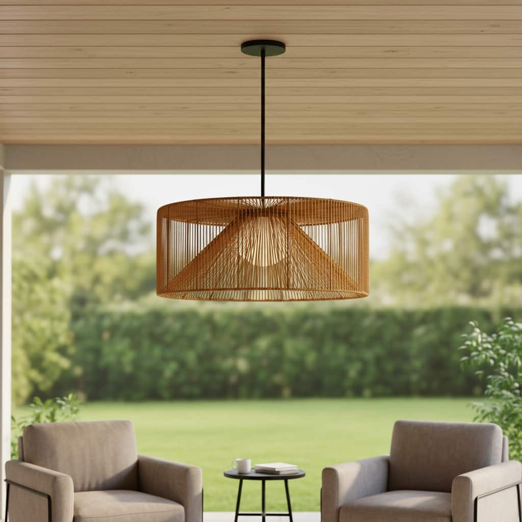 HomeRoots Natural And Black Rattan And Metal LED Dimmable Outdoor Hanging Pendent Light - 30.00' X '12.00' X '30.00