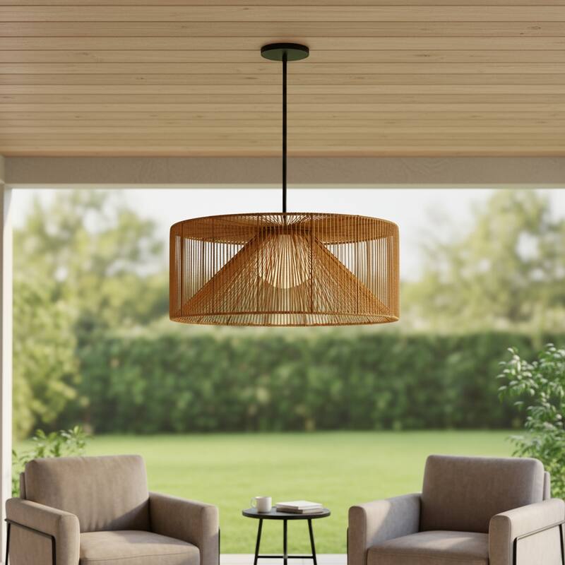 HomeRoots Natural And Black Rattan And Metal LED Dimmable Outdoor Hanging Pendent Light - 30.00' X '12.00' X '30.00 - Black/Natural - 30.00' X '12.00' X '30.00