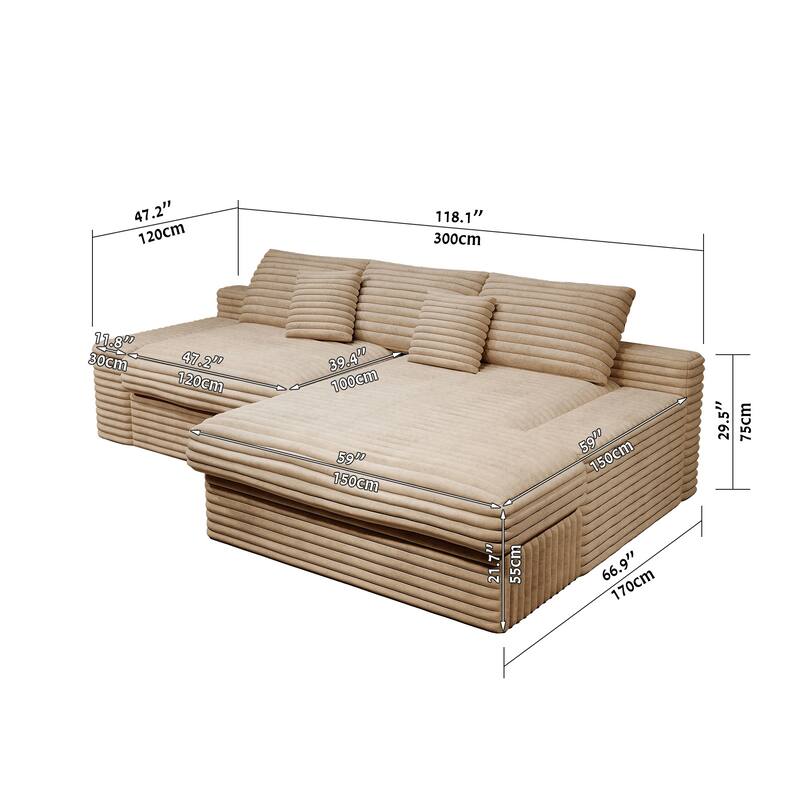 118.1" Cloud Sectional Couches for Living Room, L Shaped Modular Sofas, Corduroy Oversized Floor Couch Set with Chaise