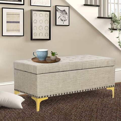 Adeco Rectangular Storage Ottoman Tufted Lift Top Bench Footstool Linen