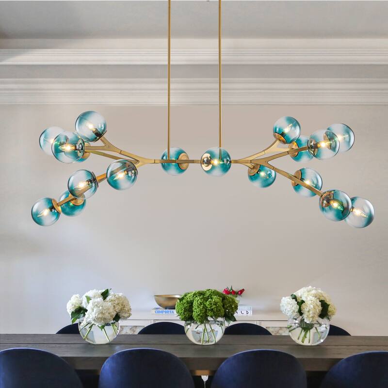 18 - Light Modern Dimmable Bubble Sputnik Linear Globe Chandelier - W68.11" - Gold-Blue Glass