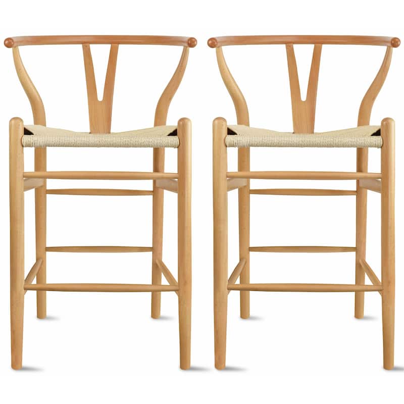Set of 2 Solid Wood Elbow Barstool with Open Y Back Farmhouse Dining Office Chairs with Woven Beige Seat - N/A