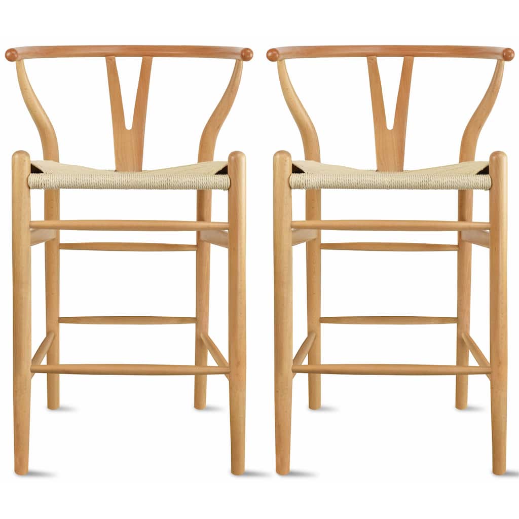 Set of 2 Solid Wood Elbow Barstool with Open Y Back Farmhouse Dining Office Chairs with Woven Beige Seat