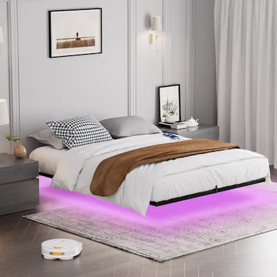 Floating Bed Frame with LED Lights & Charging Station