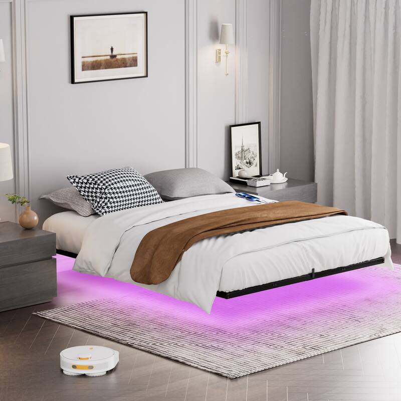 Floating Metal Platform Bed with LED & Charging Station