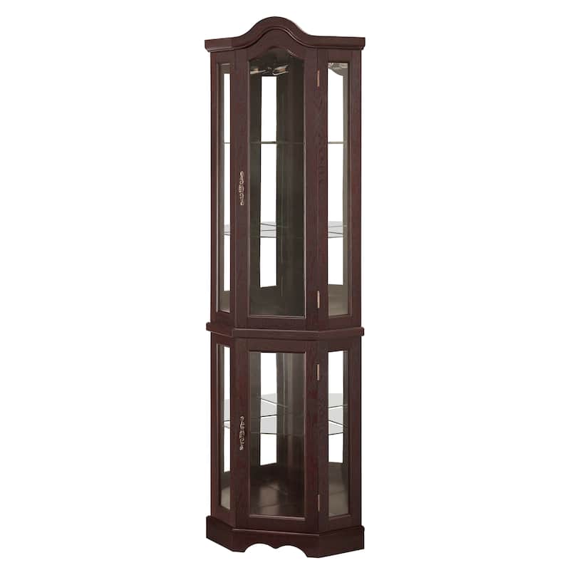 Lighted Glass Display Curio Cabinet, Curved Wood Corner Cabinet, China Cabinet with Tempered Glass Doors & Shelves