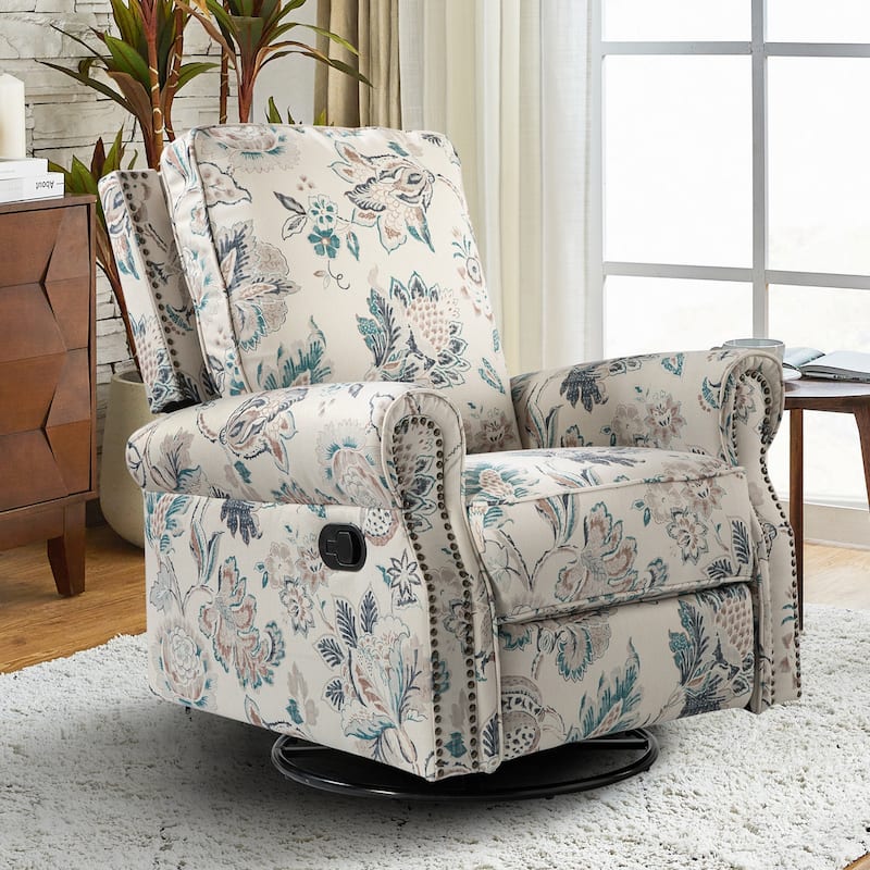 Roderich Farmhouse Floral Print Swivel Rocker Recliner with Rolled Arms by HULALA HOME - TEAL