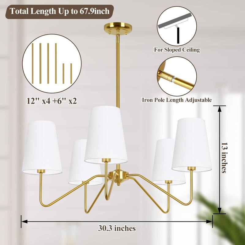 5-Light Modern Chandelier with White Shades,30"Brass Gold Chandelier,Classic Pendant Ceiling Light Fixture w/ E12 Base