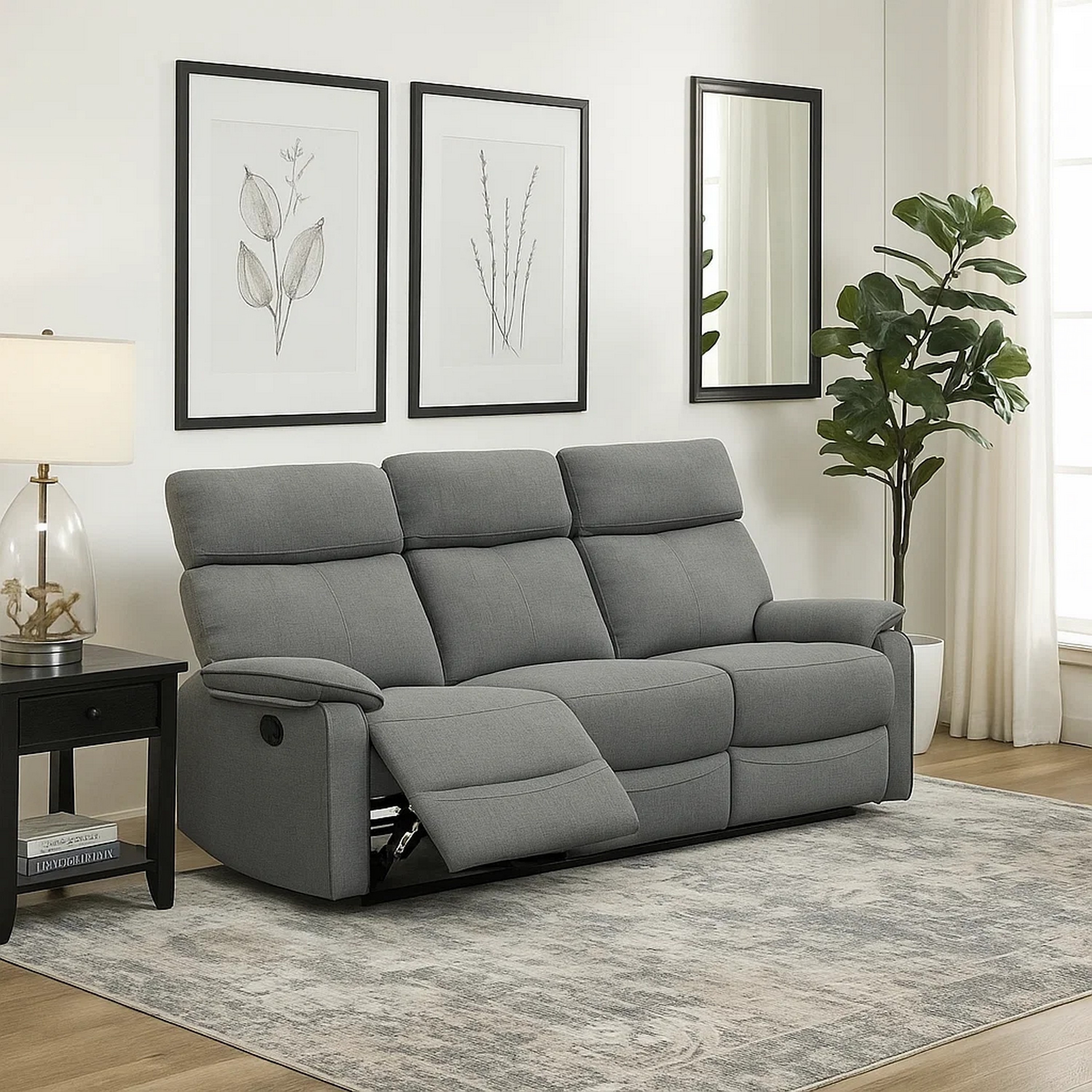 Benjara Fery 74 Inch Manual Recliner Sofa, 3 Seater, Gray Burlap Upholstery, Wood