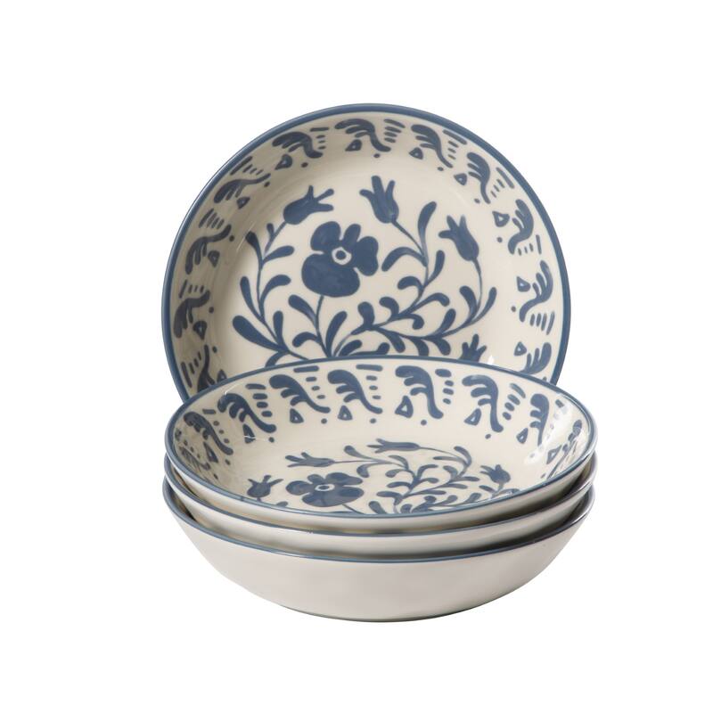 Bloomhouse - 2-Time Oprah's Favorite Things, Valencia Flor 4 Piece 8" Dinner Bowl Set, Stoneware, Floral Decal Design - Blue Iris