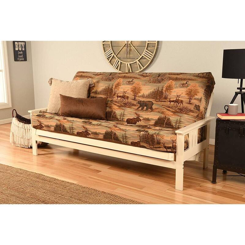 Monterey Queen Futon Frame with Antique White Finish and Suede Gray Mattress - Classic Convertible Style