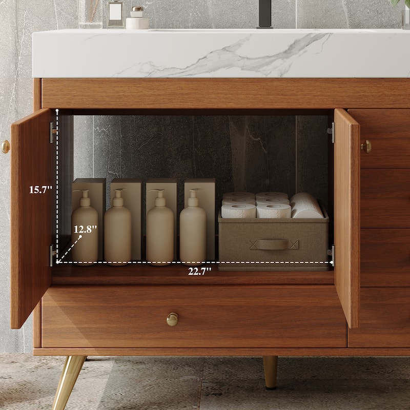 36" Bathroom Vanity with Faux Marble Top & Ceramic Sink, 5-Drawer Storage Cabinet with Stainless Steel Legs