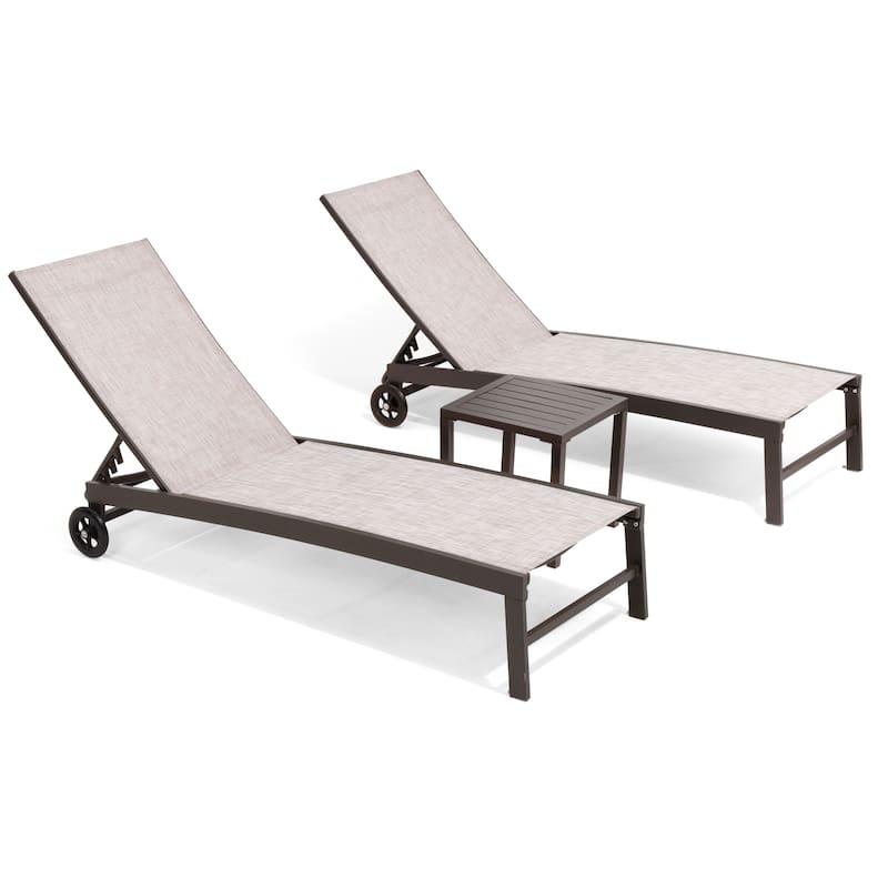 Outdoor Wheel Adjustable Chaise Lounge Chairs 5 Reclinig Position Aluminum Sun Lounger - 3-piece set, Beige