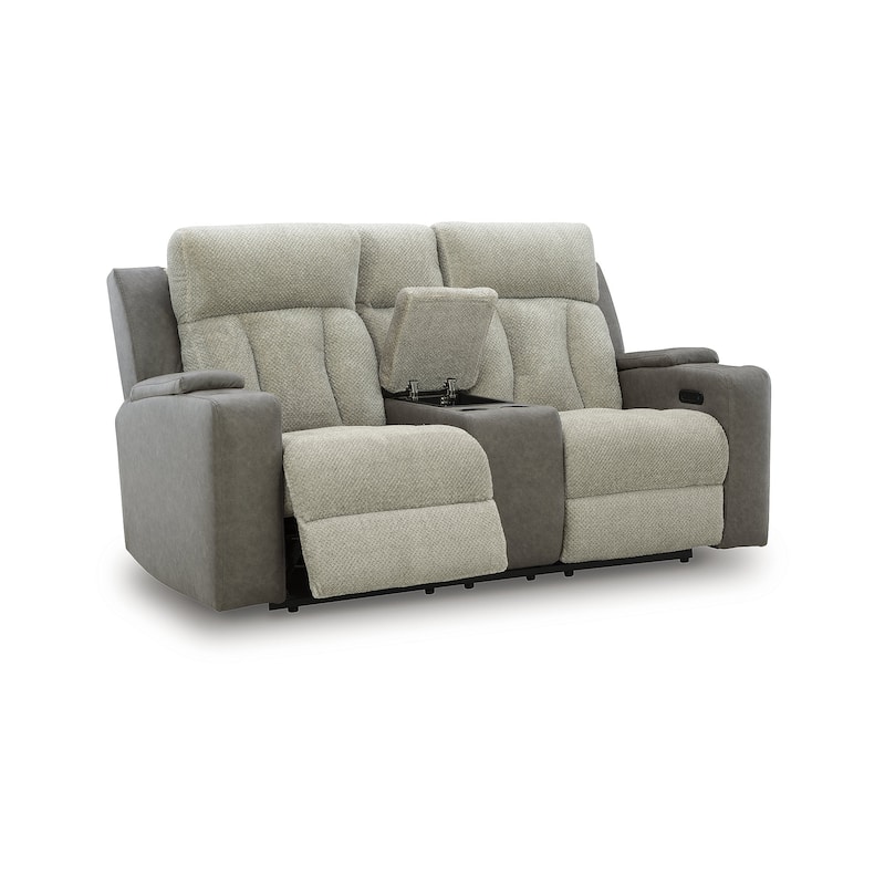 Signature Design by Ashley Stately Check Gray Power Reclining Loveseat with Console - 77"W x 42"D x 44"H