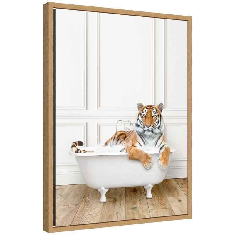 Kate and Laurel Sylvie Tiger in Traditional Vintage Bathtub Framed Canvas by Amy Peterson - Natural