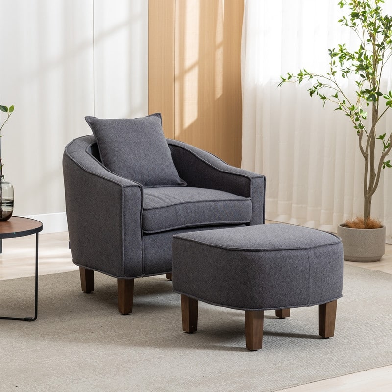 SEYNAR Mid Century Modern Barrel Chair Upholstered Club Accent Chair with Ottoman - Dark Grey