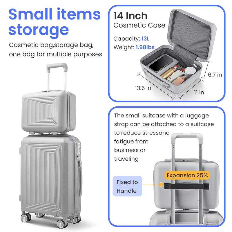 4-Piece, 14/20/24/28-Inch Modern Lightweight Luggage Expandable Luggage with Spinner Wheels, for Boarding Travel, Silver