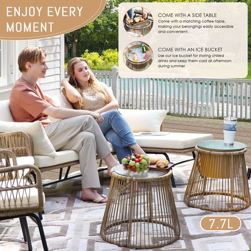 7 Piece Boho Patio Furniture Set with 2-Person Egg Chair, Outdoor Wicker Rattan Sectional Sofa with Lounge Chairs and Ice Bucket