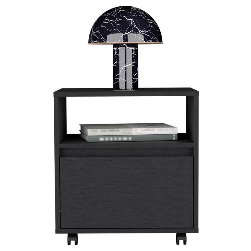 Mobile Nightstand with Casters, One Drawer, Open Shelf, Black Finish, 20.5" Tall