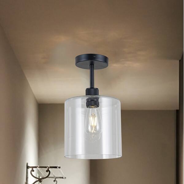 slide 2 of 4, Rowe Matte Black 1-Light Clear Cylinder Glass Shade Semi-Flush Mount