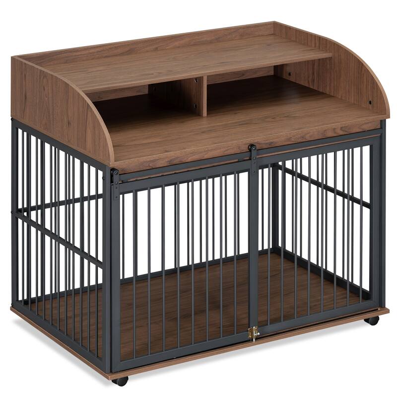 44"Heavy Duty Large Dog Crate Furniture with Lockable Wheels, Wooden Dog Crate Dog Kennel, End Table with Double Layer Storage