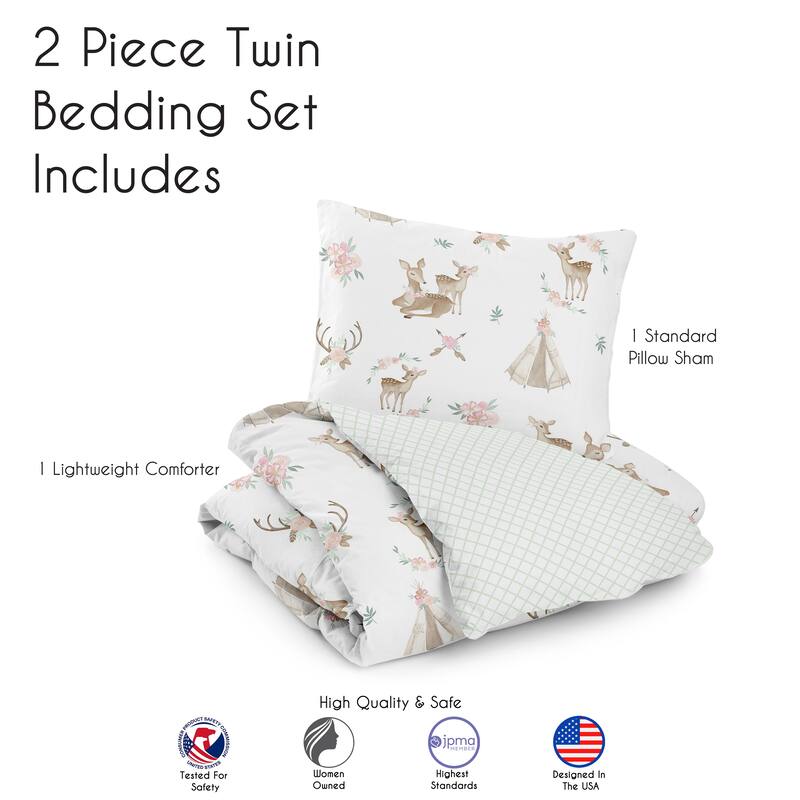 Sweet Jojo Designs Blush Pink Mint Boho Watercolor Woodland Deer Floral Collection Girl 2-piece Twin-size Comforter Set