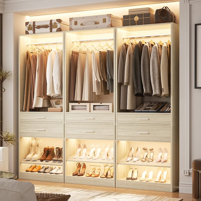 25'' W Freestanding Closet System with 2 Wooden Drawers and Adjustable Shoes Rack and Hanging Rod,Walk-in Closet Organizer - White Oak - Set of 3