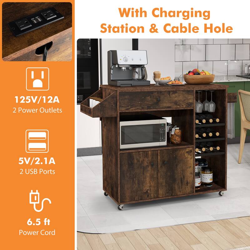 Gymax Kitchen Island Cart w/ Drop-Leaf & Power Outlet Microwave Shelf