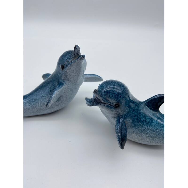 Glazed Pair of 8" Dolphins Figurines - Dark Blue