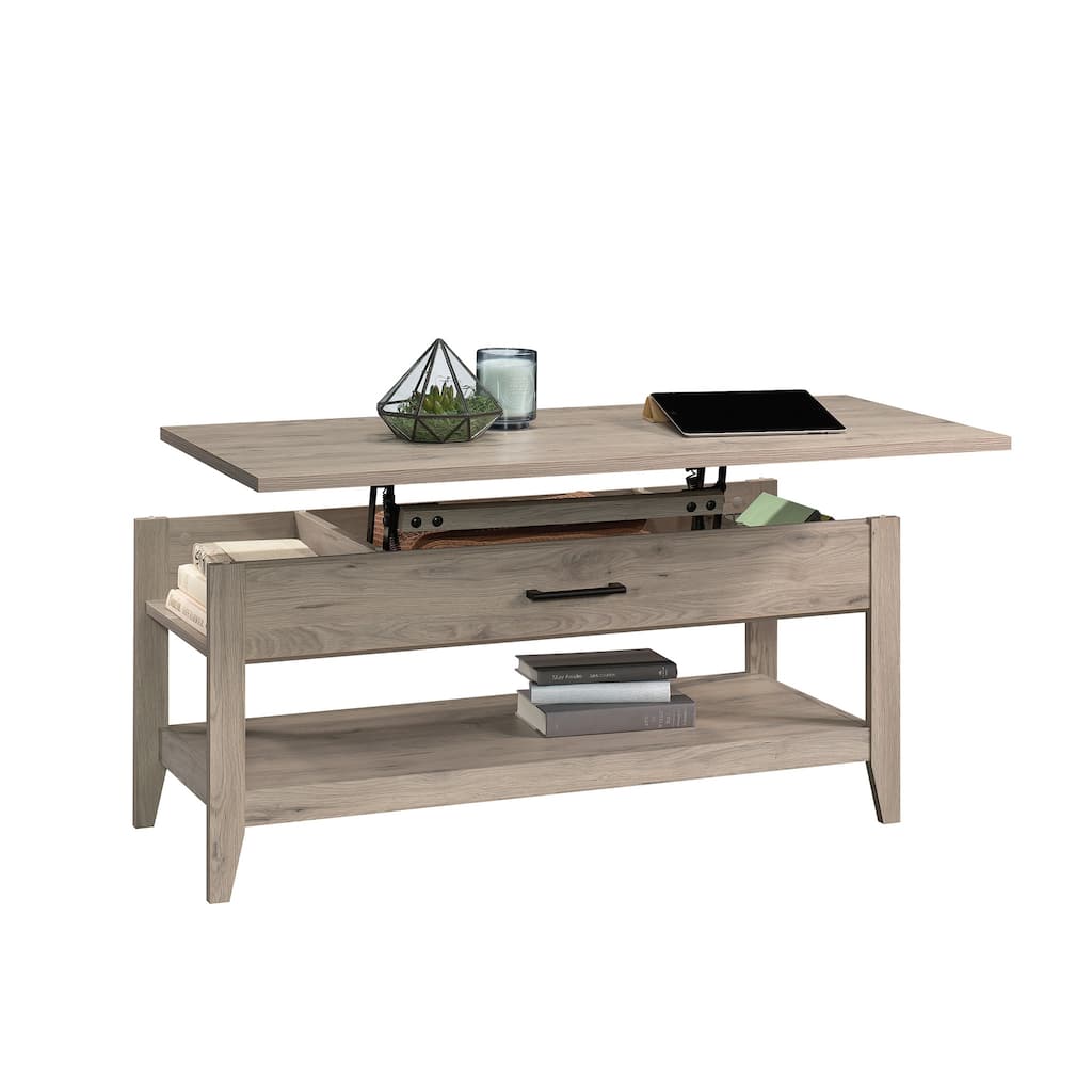 Wood Lift-Top Coffee Table with Hidden Storage and Open Shelf, Brown - 43.31" L x 19.29" W x 18.98" H