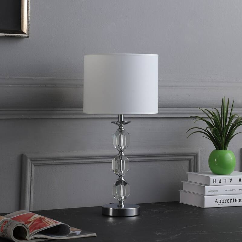 Silver Chrome Metal Bedside Table Lamp with White Drum Shade and Crystal Accents - 10” x 10” x 21” (D x W x H)
