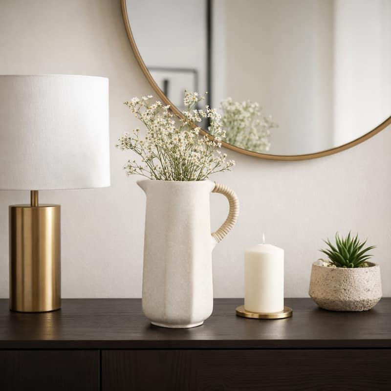 Pottery Vase with Woven Rattan Handle - Tall Flower Vase