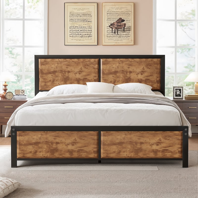 VECELO Platform Bed Frame with Wooden Headboard Heavy Duty Steel Slats Support No Box Spring Needed