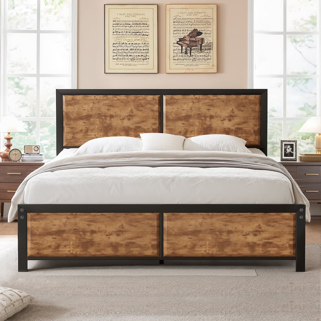 VECELO Platform Bed Frame with Wooden Headboard Heavy Duty Steel Slats Support No Box Spring Needed