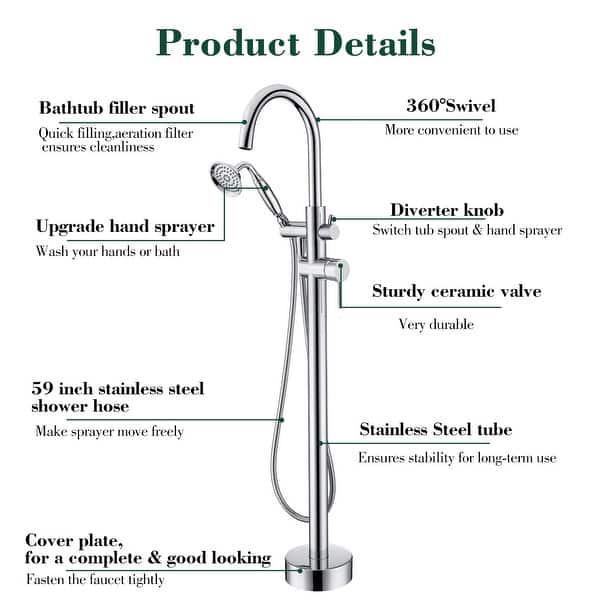 Freestanding Bathtub Faucet – Floor Mount Tub Filler With Handheld Shower, Solid Brass, 360° Swivel Spout, Single Handle Mixer, CUPC Certified, Matte Black