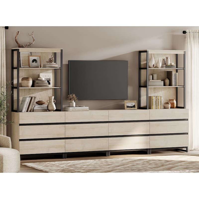 WAMPAT Modern TV Stand with 3 Tiers Bookshelf, Farmhouse Entertainment Center with 12 Drawers and Adjustable Shelf - Beige