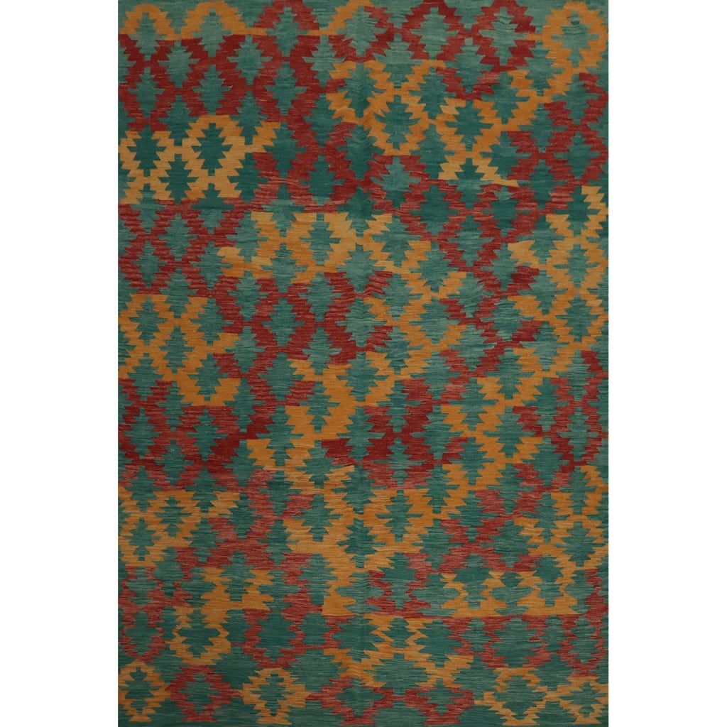 Hand Woven Oriental 100% Wool Carpet Southwestern Modern Green Kilim Area Rug - 9' 10'' X 8' 3''