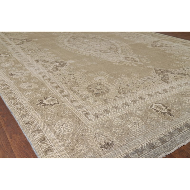 Distressed Tabriz Vintage Persian Rug Hand-Knotted Brown Wool Carpet - 9'6" x 13'3"