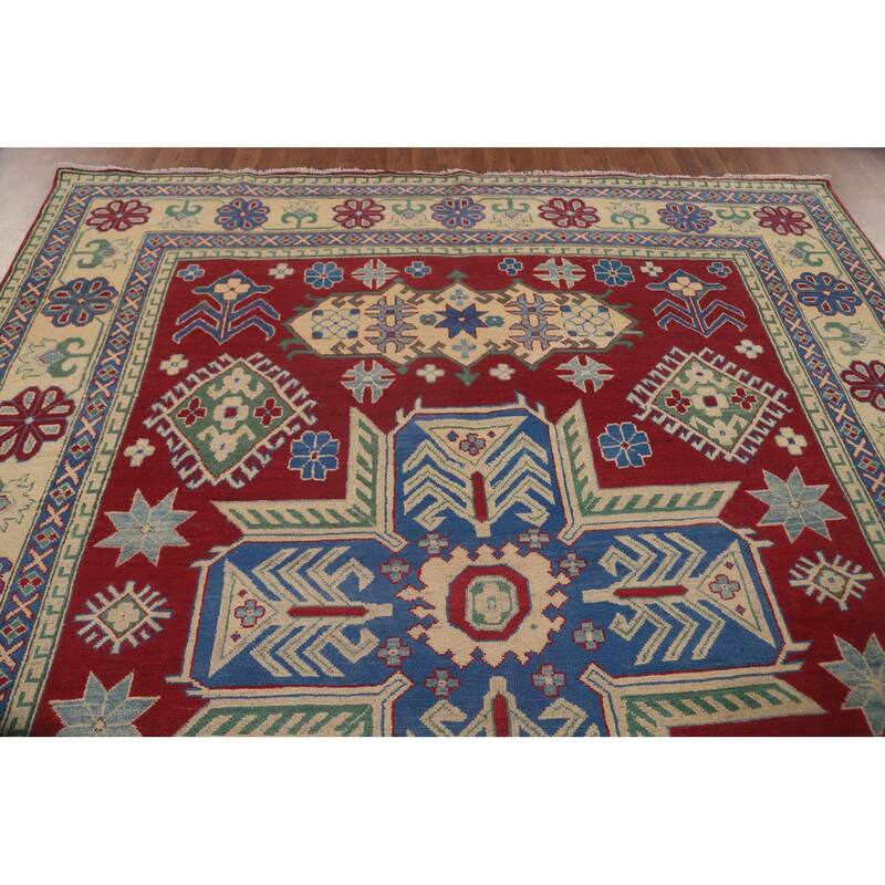 Red Geometric Kazak Area Rug Hand-Knotted Wool Carpet - 8'1" x 9'7"