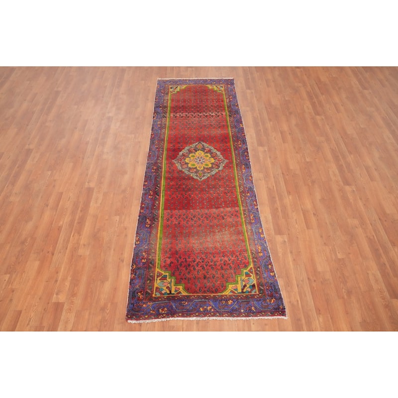 Hand Knotted Oriental 100% Wool Carpet Traditional Geometric Oranges & Rust Hamedan Runner Rug - 9' 4'' X 3' 0''