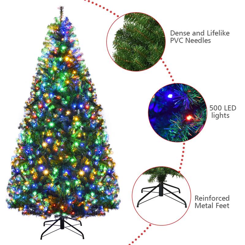 Gymax 7FT Pre-Lit Christmas Tree Hinged Artificial Tree w/ Colorful - 7 ft