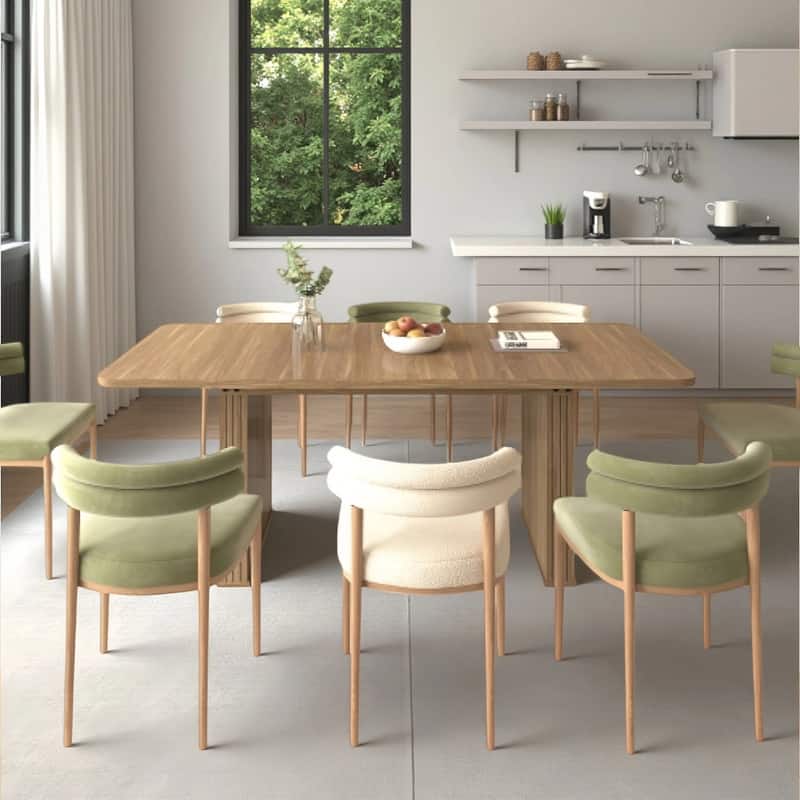 Rounded stripes Extendable Dining Table for 6-10 People, Wood Table with Double Robust Pedestal, Conference Meeting Table