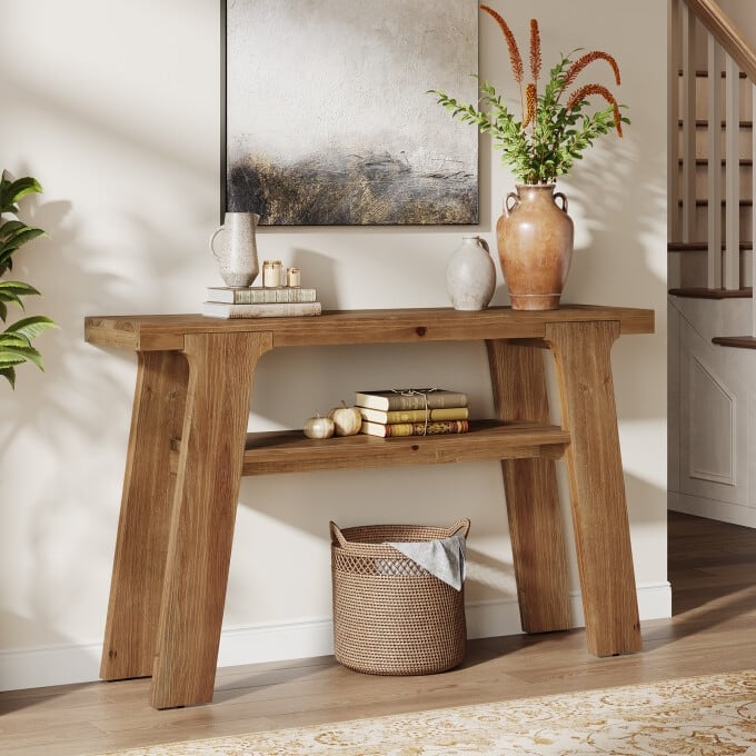 47.24'' Small Solid Wood Console Table, 2-Tier Rustic Entryway Table