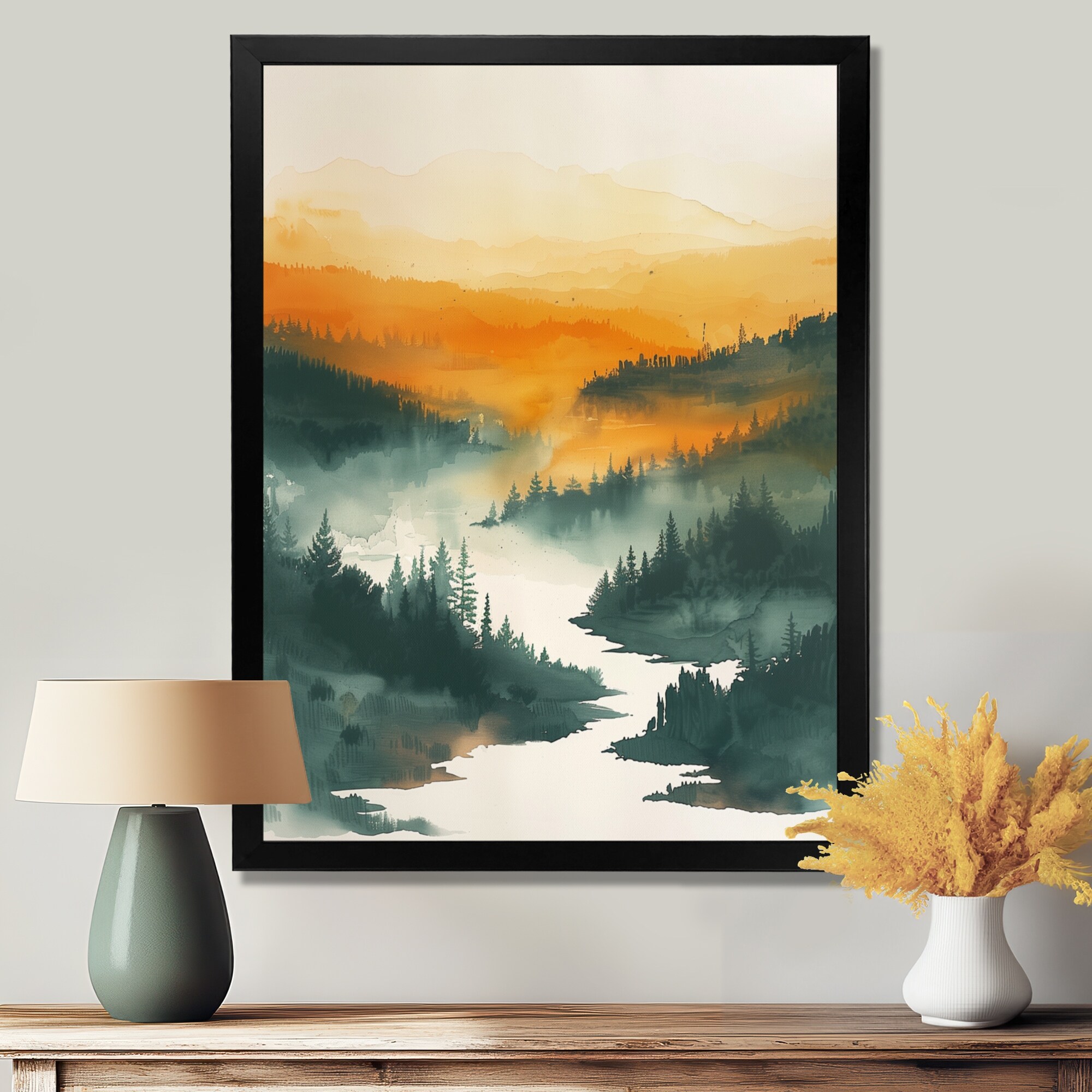 Designart "Orange Green Forest Wilderness At Sunset IV" Forest Framed Wall Art - Traditional Orange Wall Art Print