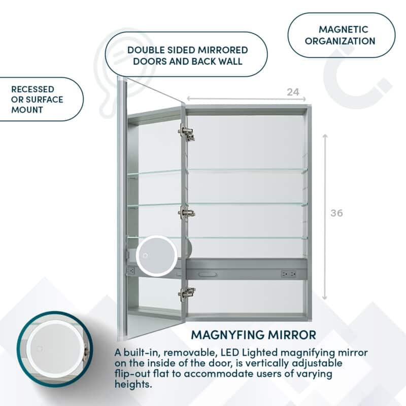 AQUADOM Royale Medicine Cabinet Defogger, 3X LED Lighted Vertically Adjustable Magnifying Mirror, Electrical Outlets.