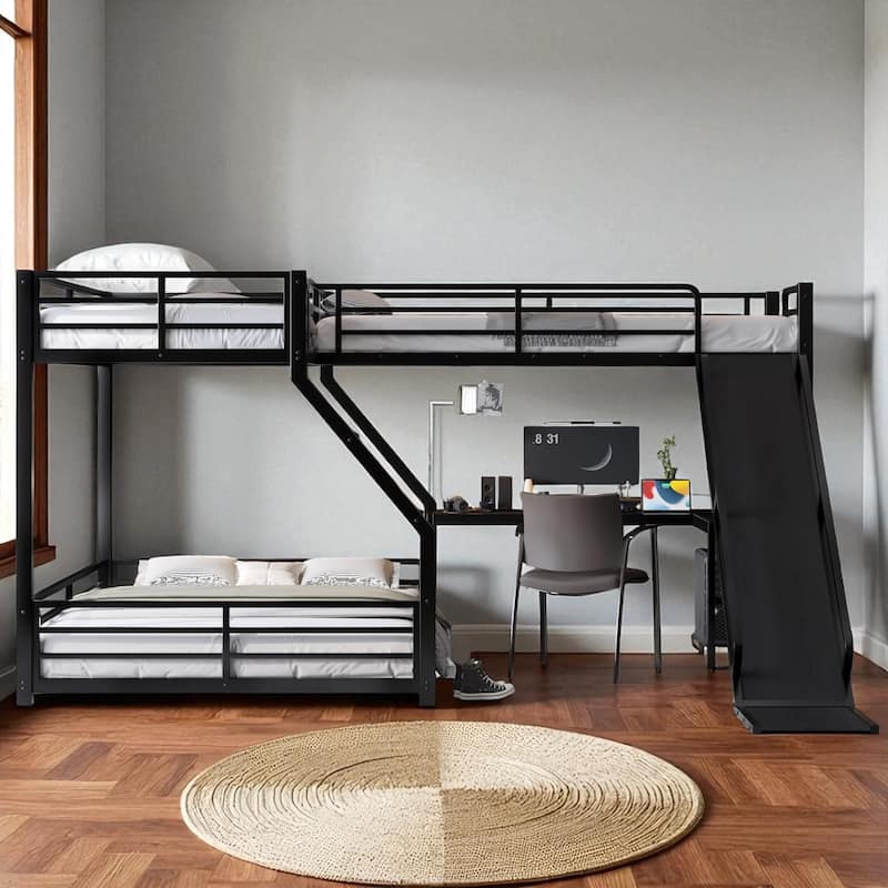 L-Shaped Metal Triple Bunk Bed with Slide & USB, Twin XL over Queen/Twin over Full with Loft, Noise-Free, Black