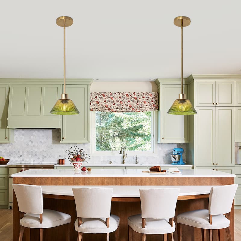 8" Wide Vintage Gold 1-light Green Glass Pendant Light