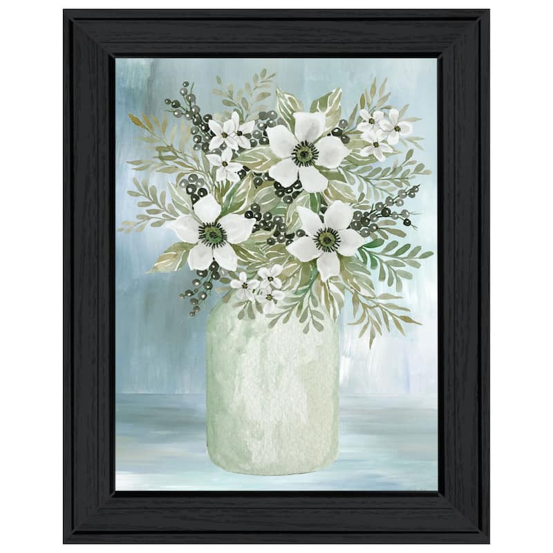 TrendyDecor4U Farmhouse "White Blooms I" Framed Print Wall Art - Charcoal